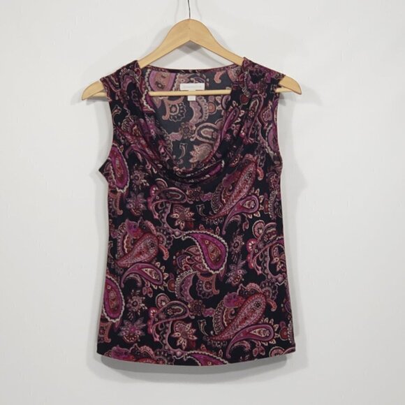 Charter Club  Cowl Neck  Sleeveless Purple & Black Paisley Blouse  Size Small - Picture 1 of 3
